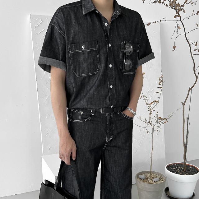 [이염ZERO]썸머 논페이드 생지 데님 반팔 셔츠(3color)