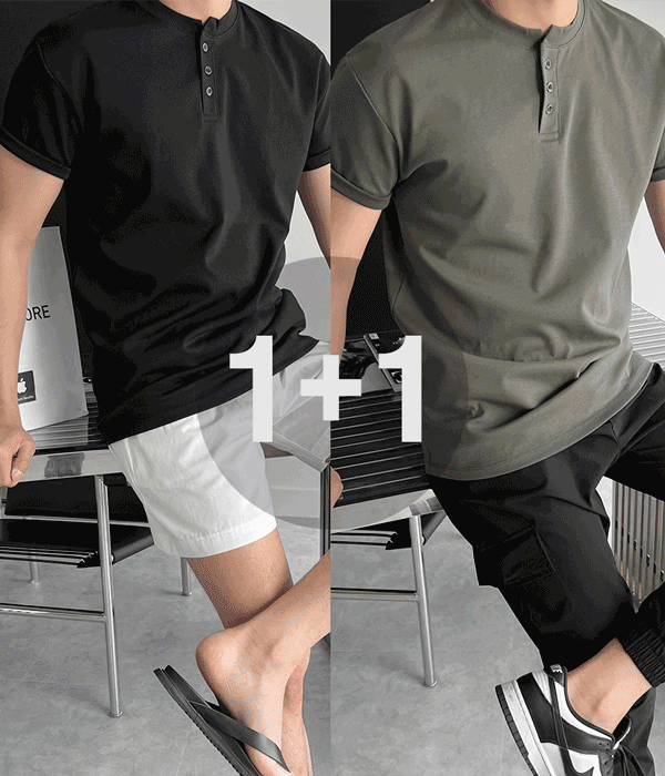 [1+1]탄탄 머슬핏 헨리넥 반팔 티셔츠(10color)
